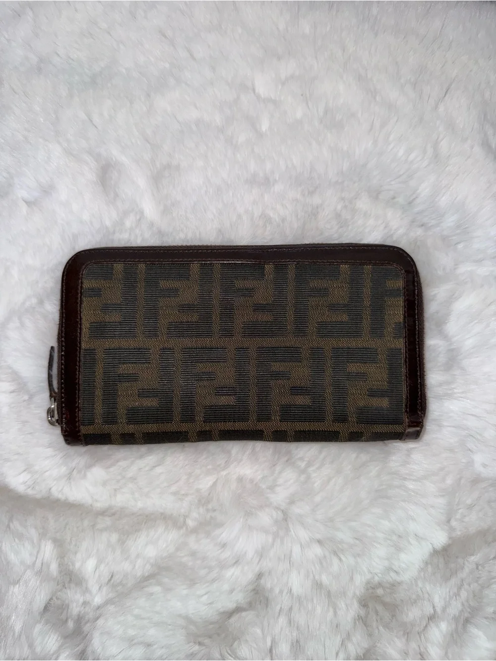 Fendi Monogram Canvas and Leather Zip Wallet in Dark Brown with Silver Hardware